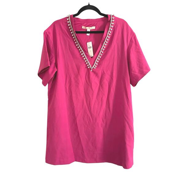 Hutch Anthropologie Rhinestone V-Neck T-Shirt Mini Dress Fuschia Pink - S - NWT - Picture 4 of 7